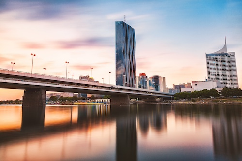 Vienna skyline on the Danube river